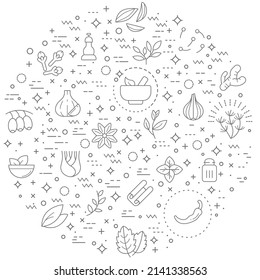 Simple Set of herbs and spices Related Vector Line Illustration. Contains such Icons as basil, parsley, rosemary, bay leaf, chili, onion, dill, cloves, garlic and Other Elements.