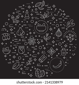 Simple Set of herbs and spices Related Vector Line Illustration. Contains such Icons as basil, parsley, rosemary, bay leaf, chili, onion, dill, cloves, garlic and Other Elements.