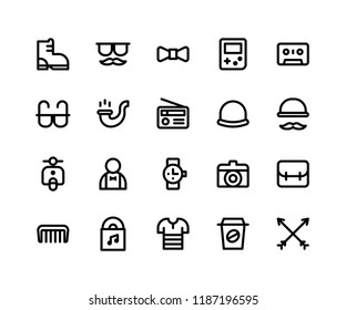 Simple Set of Hipster Related Vector Line Icons. Contains such Icons as boot, mustache, bow, game, tape and More. pixel perfect vector icons based on 32px grid. Well Organized and Layered. svg
