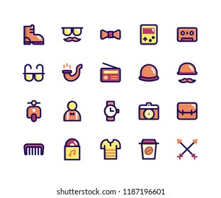 Simple Set of Hipster Related Vector Filled Line Icons. Contains such Icons as boot, mustache, bow, game, tape and More. pixel perfect vector icons based on 32px grid. Well Organized and Layered. svg