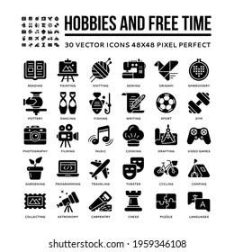 Simple set of hobbies and free time activities related vector black icons on a transparent background. 48x48 pixel perfect.