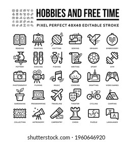 Simple set of hobbies and free time activities related vector line icons on a transparent background. 48x48 pixel perfect. Editable stroke.