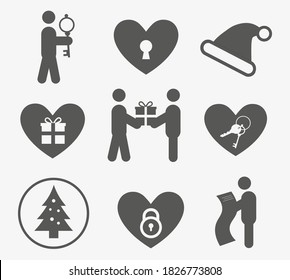 Simple Set of Holiday and Christmas Icons. Person Icon. Christmas Hat, Heart, Christmas Tree, Giving Icons. Celebration Pictogram. Present Icon. Gift Icon. Web Button. Love Image. Decoration.
