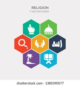 simple set of holy quran, palm tree with date, allah word, faith icons, contains such as icons muslim tasbih, mosque domes, one god and more. 64x64 pixel perfect. infographics vector