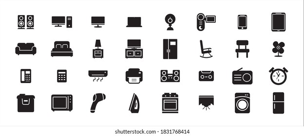 Simple Set of home appliance ware supply Related Vector icon design. Contains such Icons as speaker, cctv, chair, sofa, television, fridge, refrigerator, ac, cabinet, lamp, oven, telephone, bed