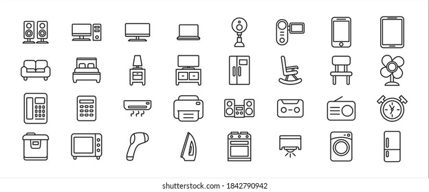 Simple Set of home appliance ware supply Related Vector icon design. Contains such Icons as speaker, cctv, chair, sofa, television, fridge, refrigerator, ac, cabinet, lamp, oven, telephone, bed