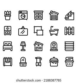simple set of home and living icon with line style. Contains such icon as plant, washing machine, drawer and more. Pixel perfect icon. 32 px grid. Editable stroke