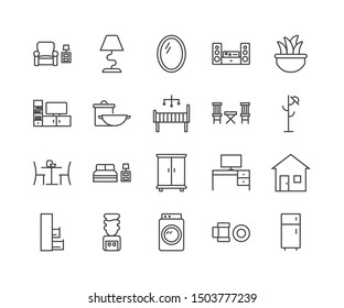 Simple Set of Home Room Types Related Vector Line Icons. Contains such Icons as Kitchen, Living Room, Storage System and more.