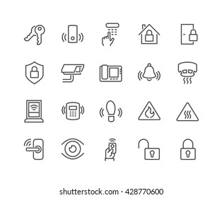 Simple Set of Home Security Related Vector Line Icons. 
Contains such Icons as Door Handle, Lock, Cam, CCTV, Remote and more. 
Editable Stroke. 48x48 Pixel Perfect. 