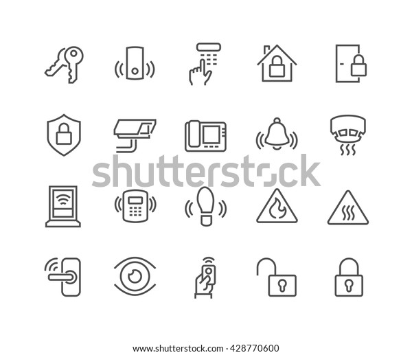 Simple Set of Home Security\
Related Vector Line Icons. \
Contains such Icons as Door Handle,\
Lock, Cam, CCTV, Remote and more. \
Editable Stroke. 48x48 Pixel\
Perfect. 