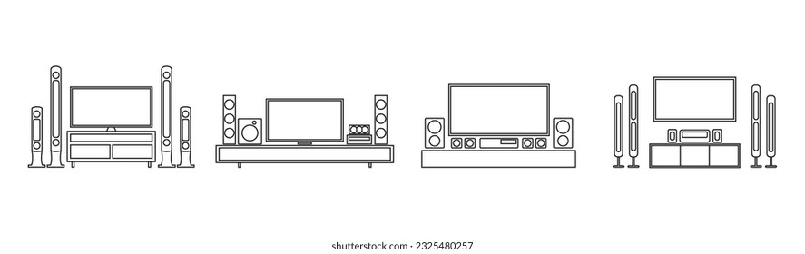 Einfache Set von Heimtheater flach Vektorsymbol-Linie. Flache Elektronik, Vektorsymbol für Heimkino Full HD System auf weißem Hintergrund. Moderne Symbol einzeln auf Weiß. Vektorgrafik für Web.