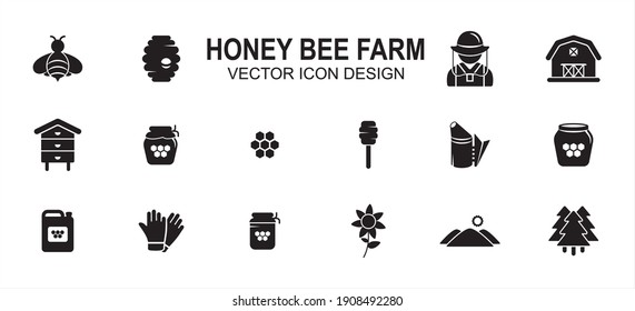 Simple Set of honey bee farm Vector icon user interface graphic design. Contains such Icons as honey nest, farmer, barn, honey comb, beehive, smoker, honey pot, jar, glove, flower, woods