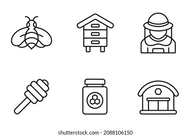 Simple Set of Honey bee farm Vector icon. Contains such Icons as farm, barn, honeycomb, beehive, honey farmer, smoker, honey pot, jar.