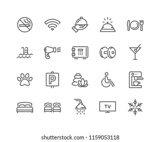 Simple Set of Hotel Related Vector Line Icons. Contains such Icons as One Large and Two Separate Beds, Air Conditioning, Wi-Fi and more. Editable Stroke. 48x48 Pixel Perfect.