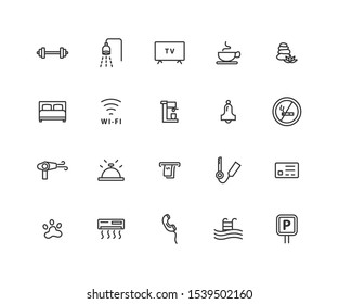 Simple Set of Hotel Related Vector Line Icons. Contains such Icons as One Large and Two Separate Beds, Air Conditioning, Wi-Fi and more.