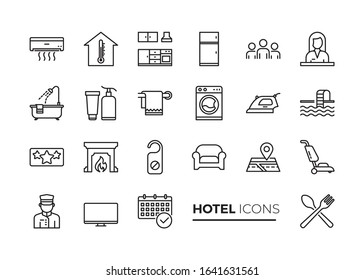 Simple Set of Hotel Related Vector Line Icons. Contains such Icons as Available Date Calendar, Toiletries, Room Size and more.