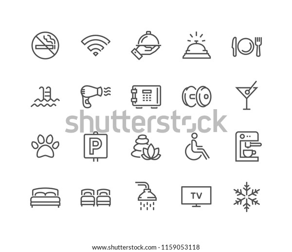 ホテル関連のベクター線の簡単なアイコンセット 1つの大きいベッドと2つの別々のベッド 空調 Wi Fiなどのアイコンが含まれます 編集可能なストローク 48 X 48ピクセルパーフェクト のベクター画像素材 ロイヤリティフリー