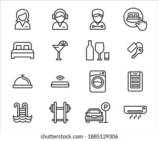 Simple Set of hotel service and facility Related Vector icon user interface graphic design. Contains such Icons as receptionist, customer service, bellboy, bed, cocktail, room key, cocktail, gym, pool