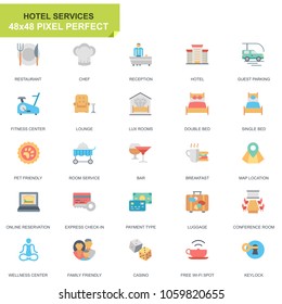 Simple Set Hotel Service Flat Icons for Website and Mobile Apps. Contains such Icons as Restaurant, Room Services, Reception. 48x48 Pixel Perfect. Editable Stroke. Vector illustration.