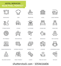 Simple Set Hotel Service Line Icons for Website and Mobile Apps. Contains such Icons as Restaurant, Room Services, Reception. 48x48 Pixel Perfect. Editable Stroke. Vector illustration.