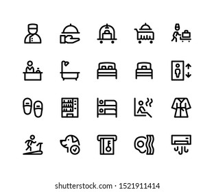 Simple Set of Hotel Service Related Vector Line Icons. Contains such Icons as bellboy, room service, bathtube, sauna and More. pixel perfect vector icons based on 32px grid. Editable Strokes