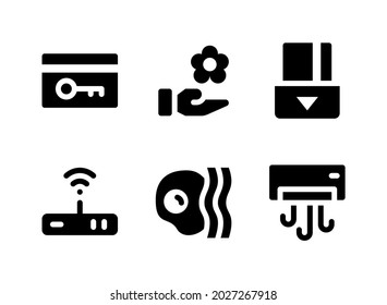 Simple Set of Hotel Service Related Vector Solid Icons. Contains Icons as Spa, Bacon And Egg, Router, Key Card and more.