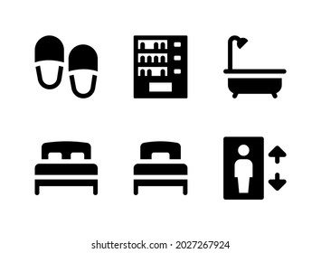 Simple Set of Hotel Service Related Vector Solid Icons. Contains Icons as Vending Machine, Bathtub, Bed, Elevator and more.