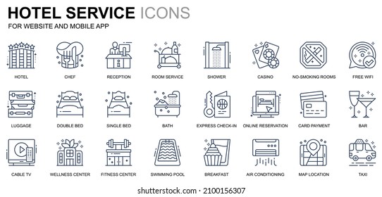 Simple Set Hotel Services Line Icons for Website and Mobile Apps. Contains such Icons as Luggage, Reception, Room Services, Fitness Center. Conceptual color line icon. Vector pictogram pack.