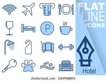 Simple Set of hotel vector flat line blue Icons - wifi, airplane, card, meal, drink, room, parking, breakfast, shower, not enter, suitcase, gym, key, pet, swimming pool