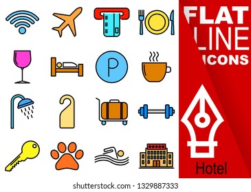 Simple Set of hotel vector flat line color Icons - wifi, airplane, card, meal, drink, room, parking, breakfast, shower, not enter, suitcase, gym, key, pet, swimming pool