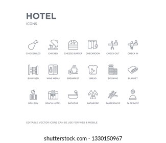 simple set of hotel vector line icons. contains such icons as 24 service, barbershop, bathrobe, bathtub, beach hotel, bellboy, blanket, booking, bread and more. editable pixel perfect.