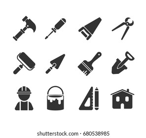 Simple set of house remodeling tools vector glyph icons. Contains such icons as House, Builder, Saw, hammer, Brush, Paint, Ruler, Chisel, Pen and more.