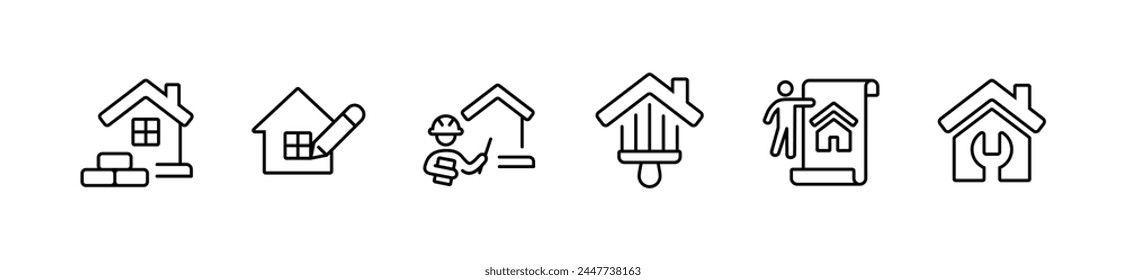 conjunto simple de renovación de la casa icono de construcción Vector casa y edificio propiedad arreglo reparación símbolo ilustración contorno de diseño para Web y App