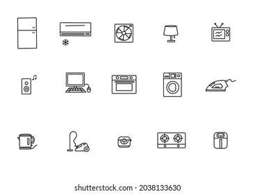 Simple Set Of Household Appliances Related Vector Line Icons. Contains Icons Such As Fridge, Aircon, Fan, Light, TV, Speaker, Computer, Oven, Washing Machine, Iron, Kettle, Vacuum Cleaner, And More.