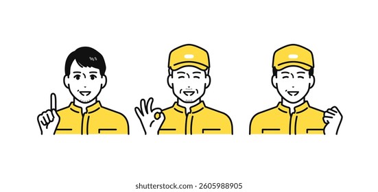 Simple set of human icons of middle-aged and senior men in ties who are happy to have their problems solved.