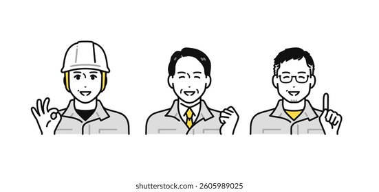 Simple set of human icons of middle-aged and senior men in work clothes who are happy to have their problems solved.