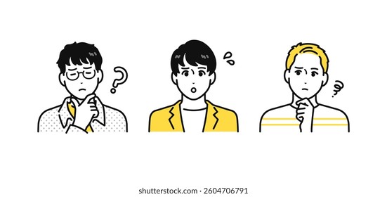 Simple set of human icons of three casual young men in distress