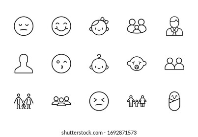 Einfache Sammlung menschlicher Symbole im trendigen Linienstil. Moderne Vektorillustration-Symbole einzeln auf weißem Hintergrund. Lineare Piktogrammpackung. Kollektion von Line-Icons für Web-Apps und mobiles Konzept.