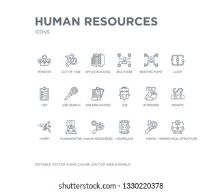 simple set of human resources vector line icons. contains such icons as hierarchical structure, hiring, hourglass, human resources, humanpictos, hurry, infinite, interview, job and more. editable