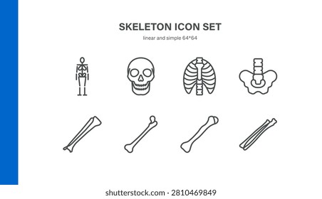 Simple Set of Human Skeleton Related Vector Line Icons. Contains such Icons as Skull, Rib Cage, Spine, Pelvis, Femur and more. Editable Stroke. Pixel Perfect Vector.