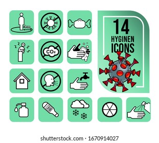 Simple Set of Hygiene Related Vector icons for CORONA VIRUS . Contains Symptoms prevention points such as, Staying at home, Washing Hands, Hygiene Mask and more. Editable Stroke.