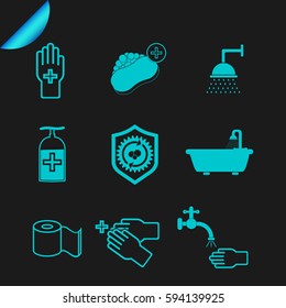 Simple Set of Hygiene Related Vector Line Icons. Contains such Icons as Washing Hands, Shower, Antibacterial Soap and more. 