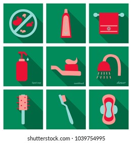 Simple Set of Hygiene Vector Icons. Contains such Icons as Washing Hands, Shower, Antibacterial Soap and more. 