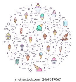 Simple Set of Ice cream and popsicle Related Vector Line Illustration. Contains such Icons as dessert, cone, waffle, vanilla, yammy, soft, stick, scoop and more.