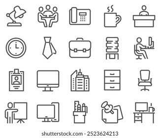 A simple set of icfice vector icons. Contains such icons as a business meeting, workplace, office building, reception and much more. Editing move.