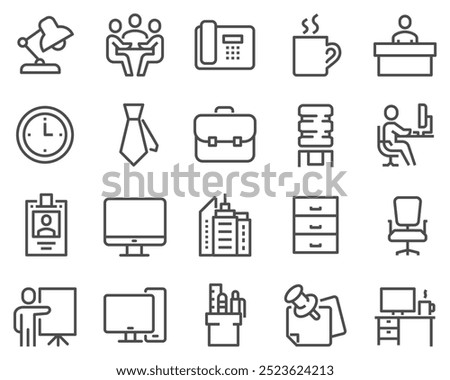A simple set of icfice vector icons. Contains such icons as a business meeting, workplace, office building, reception and much more. Editing move.