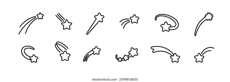 A simple set of icon elements featuring different styles of shooting stars and star comets.