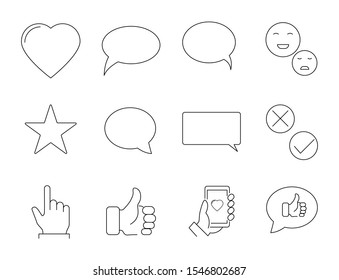 simple set icon of social media, included as heart, bubble chat, emoticon, stars, feedback, like, approved and more icons.