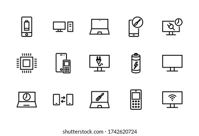 A simple set of icons associated with vector line electronics. Contains icons such as: phone, laptop, computer, battery, monitor, processor, and more. Editable Stroke. 48x48 pixels is perfect.