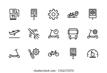 A simple set of icons associated with vector line transport. Contains icons such as: scooter, car, sign, spare part, gas station, and more. Editable Stroke. 48x48 pixels is perfect.